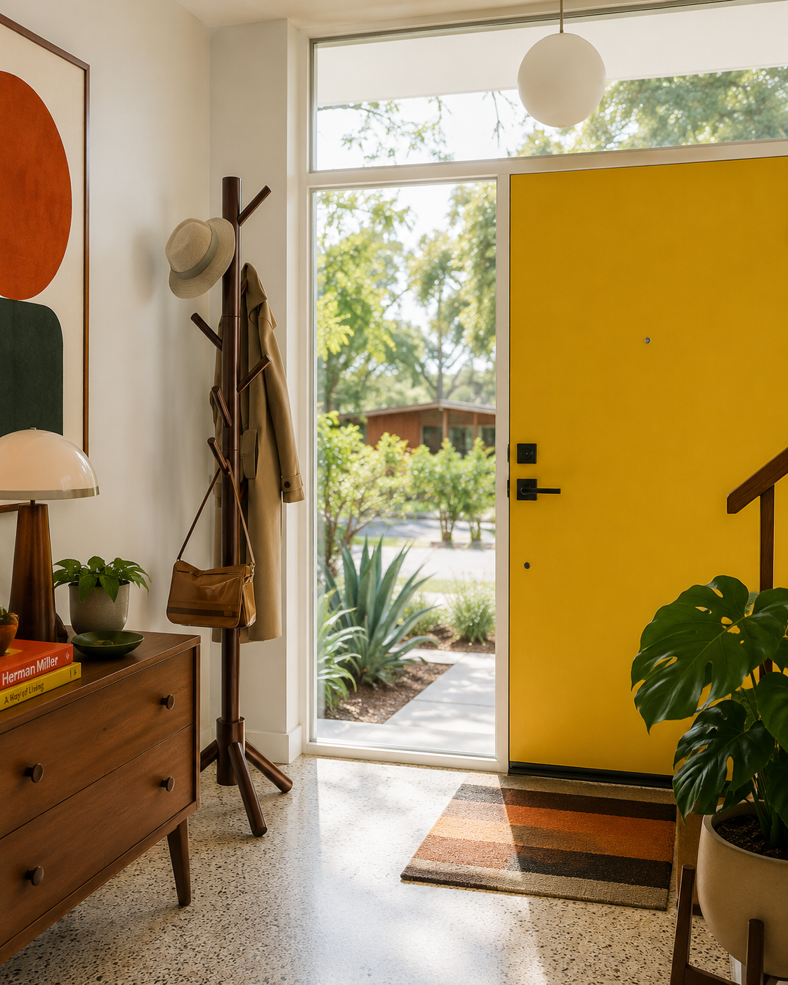 View of a modern entryway with a bright yellow door, a wooden coat rack with a beige coat and straw hat, a small wooden console table with a lamp, a potted plant, and books. Outside, greenery and a pathway are visible through the glass door.