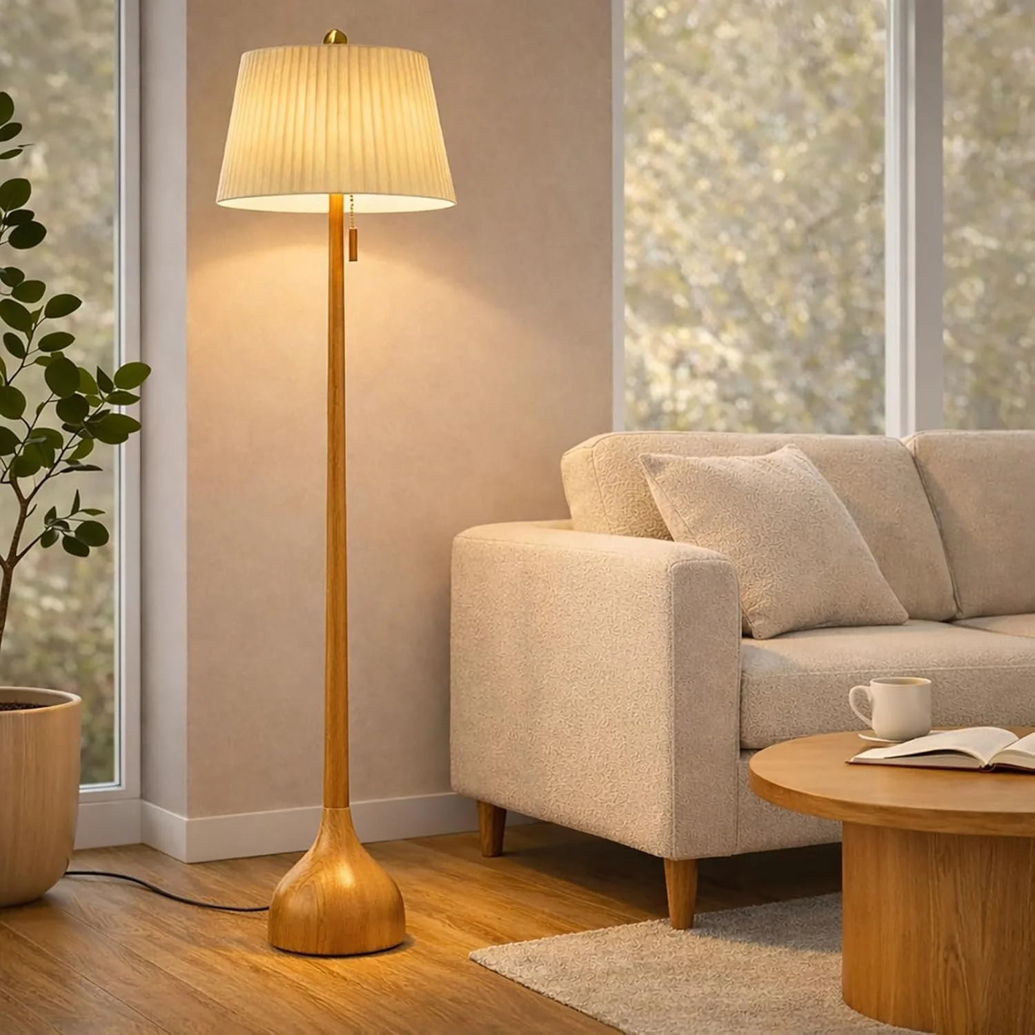 Living room with beige sofa, wooden coffee table, floor lamp, potted plant, and large windows showing trees outside.