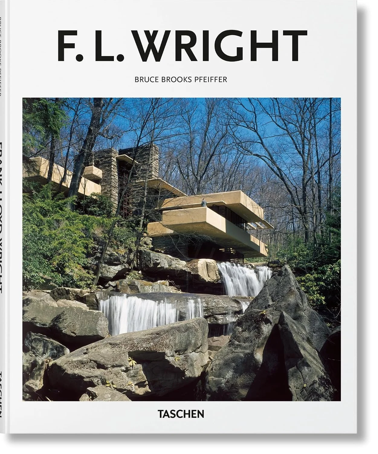 Cover of a book titled "F. L. Wright" by Bruce Brooks Pfeiffer, featuring a modern house built into a rocky landscape with waterfalls and a forest in the background.