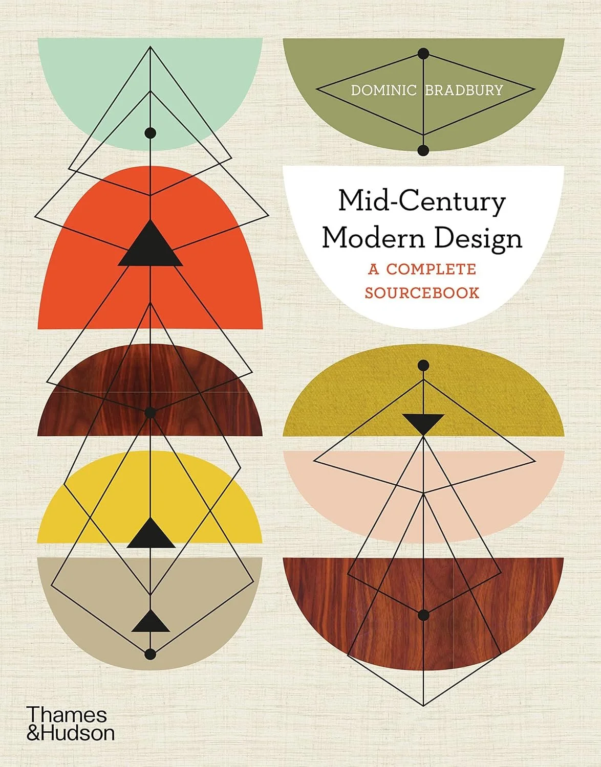 Book cover for 'Mid-Century Modern Design: A Complete Sourcebook' with geometric abstract art in various colors including green, orange, brown, yellow, beige, and red, and the names 'Dominic Bradbury' and 'Thames & Hudson'.