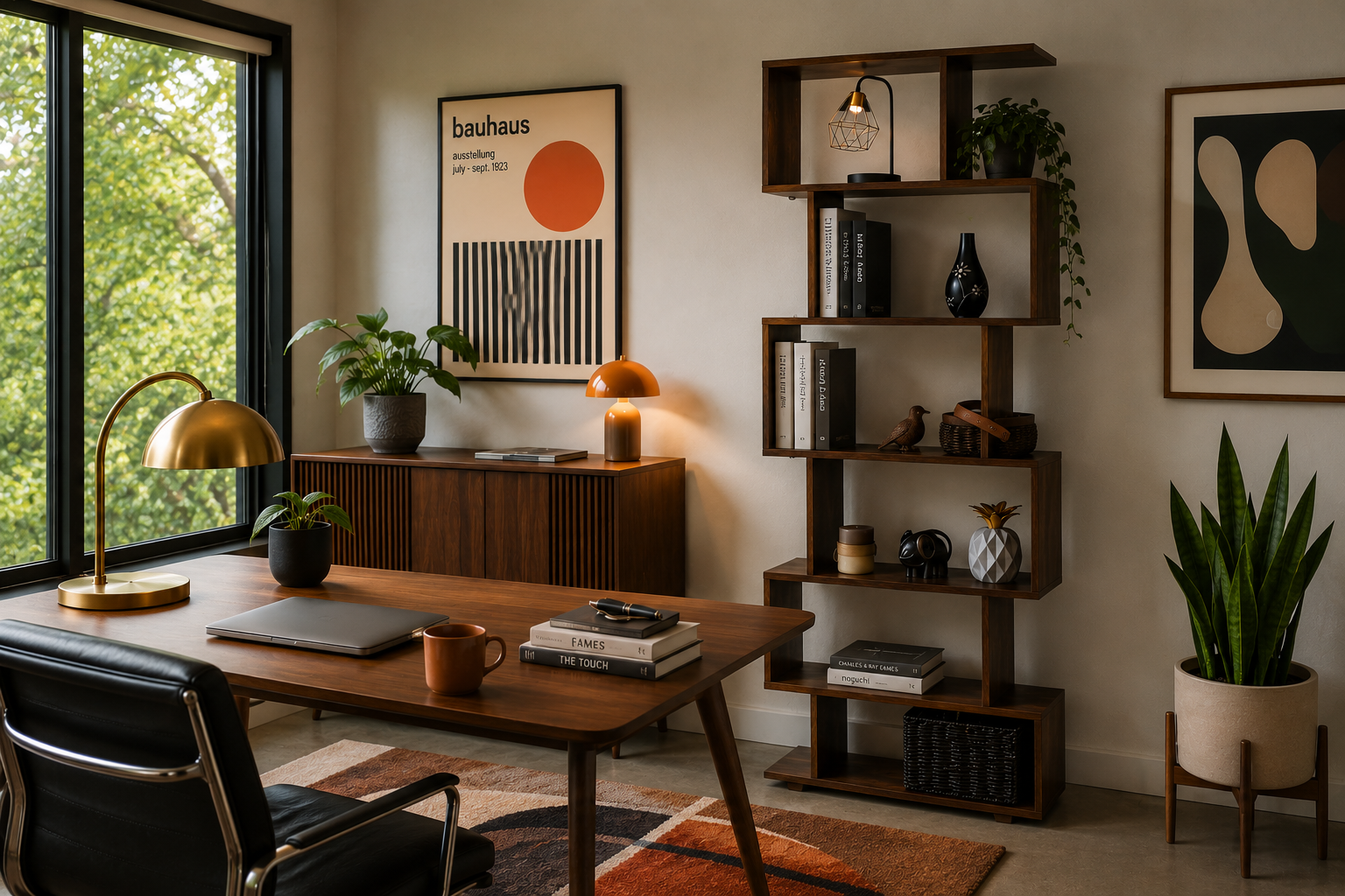 Mid-century modern home office with wooden desk, black chair, large window with greenery outside, wooden shelves with decor and books, potted plants, framed artwork, and a patterned rug.