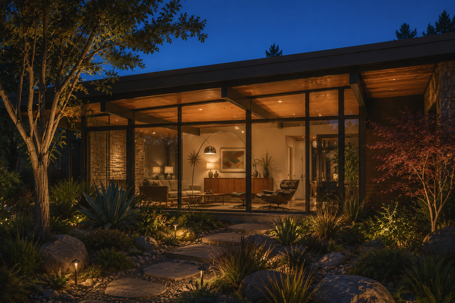 A midcentury modern house with large glass windows during the evening, illuminated from within, with a landscaped garden featuring rocks, plants, and pathway lights outside.