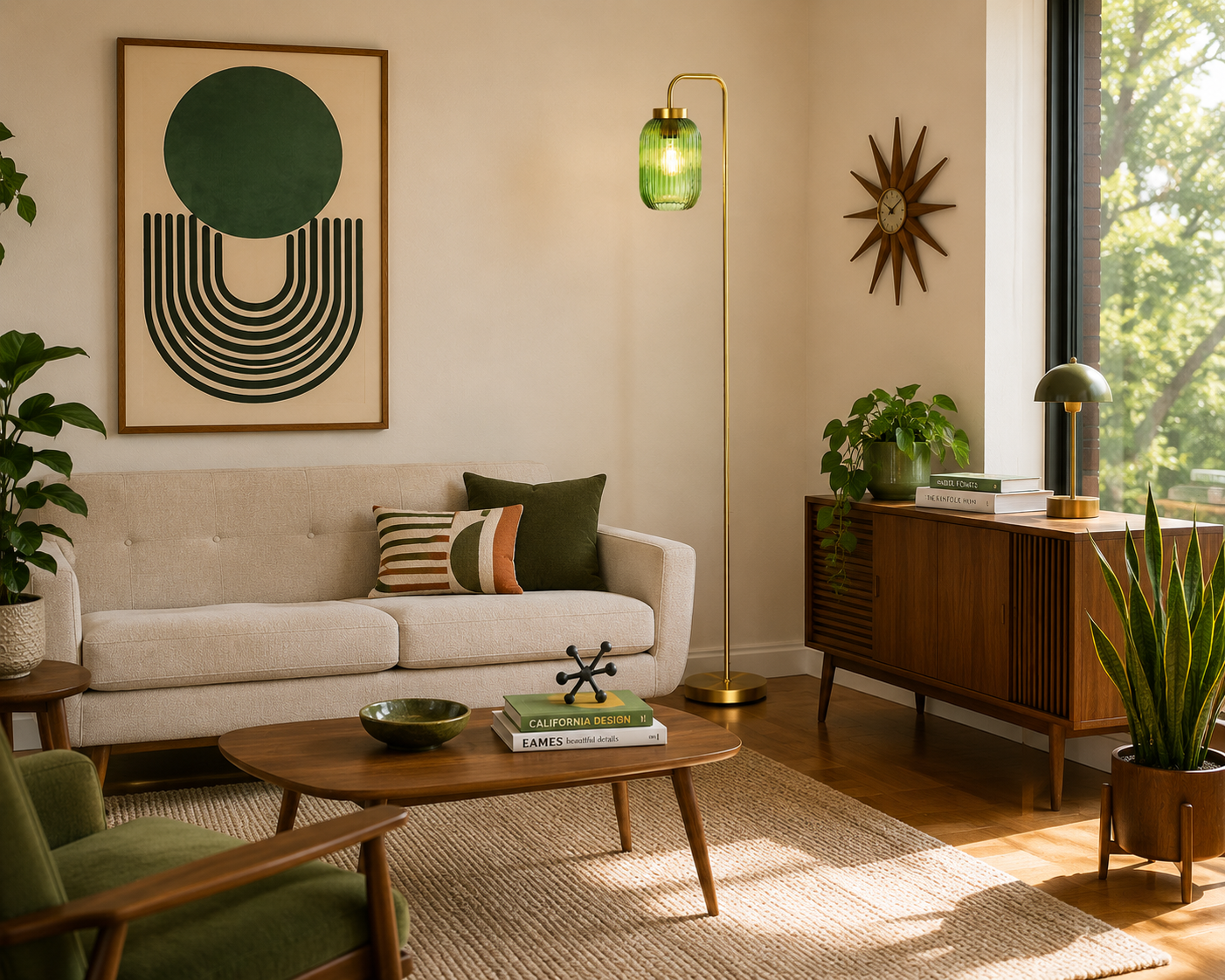 Living room with beige sofa, green and patterned pillows, wooden coffee table with books and a green bowl, green plants, mid-century modern wooden sideboard, green and gold lamp, abstract wall art, starburst clock, large window with greenery outside, hardwood floors, beige rug.