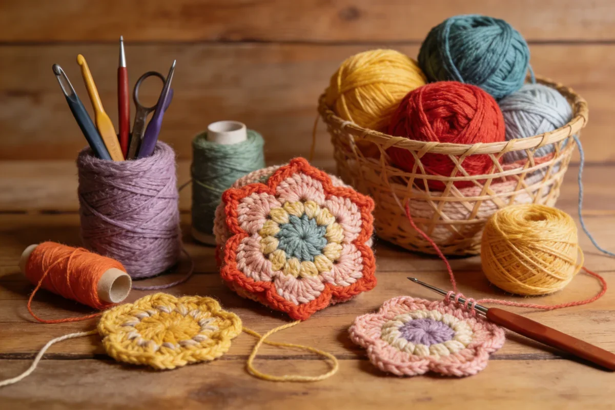 Colorful yarn balls and crochet hooks on a wooden table with crochet flower projects and a basket of yarn.