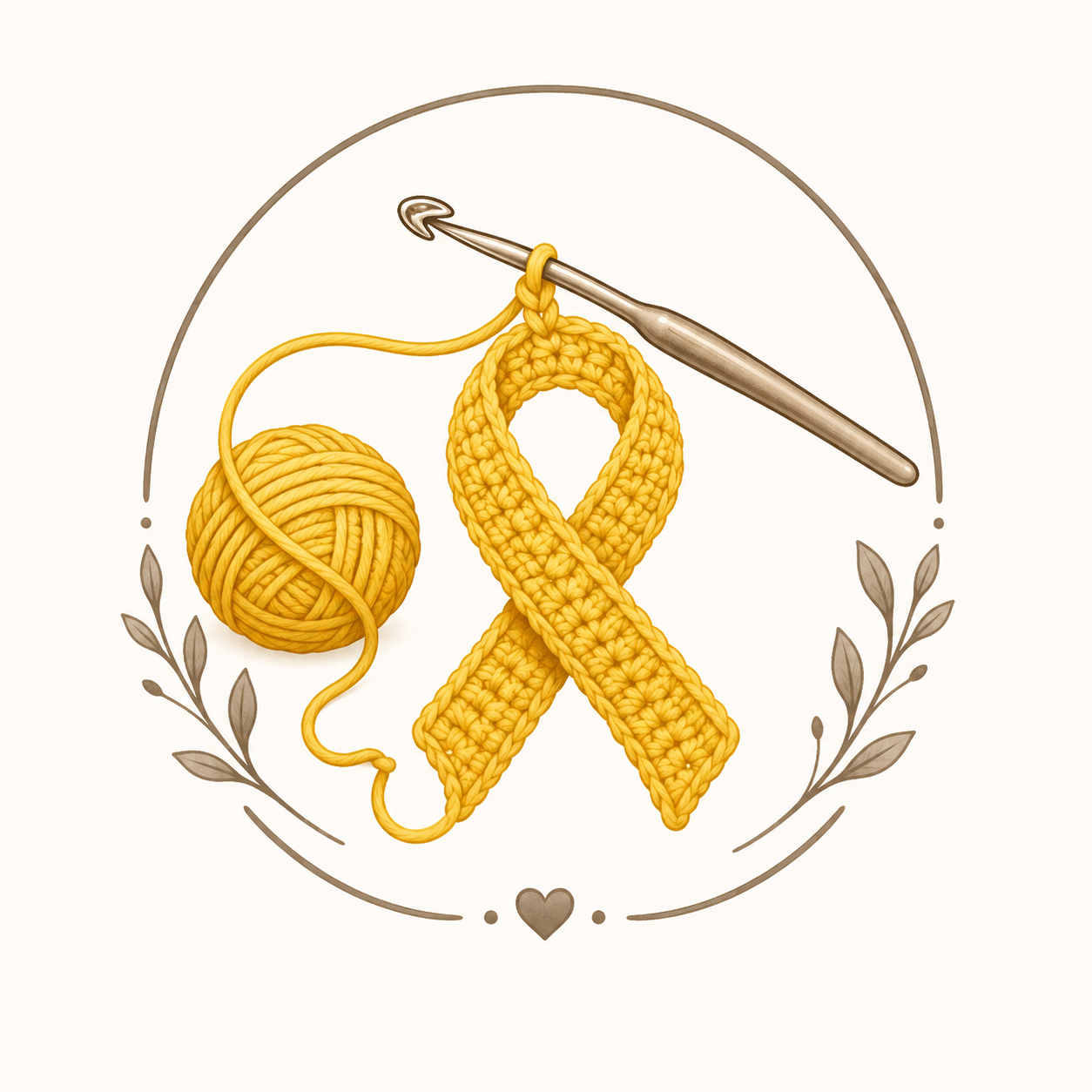 A ball of yellow yarn, a knitted yellow ribbon, and a crochet hook arranged in a decorative design with a circular border and leaves
