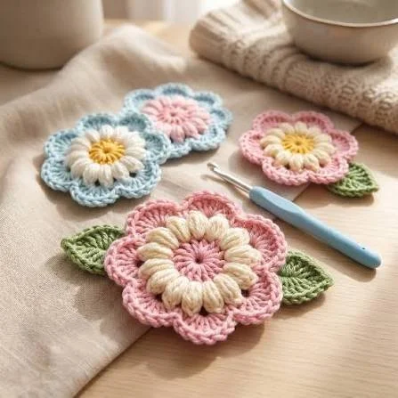 Handmade crochet flower appliqués in pink, blue, yellow, and green, along with a crochet hook on a wooden surface.