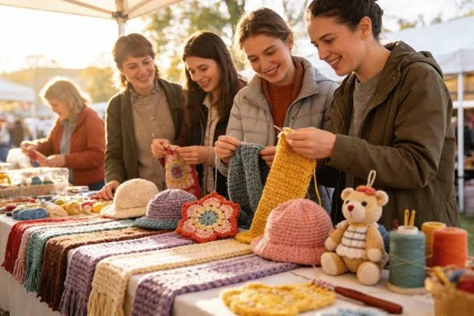 Four women shopping at a craft fair with a table of colorful knit hats, scarves, and stuffed animals.