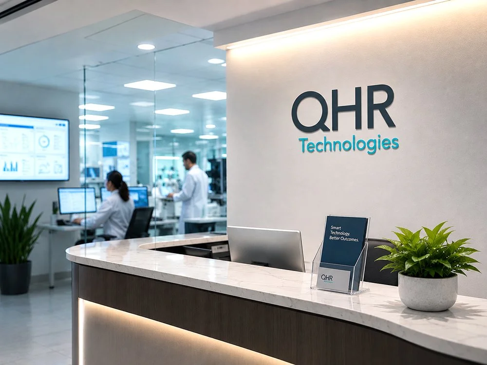 Reception area of QHR Technologies with a marble countertop, a potted plant, and a stand with a sign that reads 'Smart Technology. Better Outcomes.' in a modern office with employees working at computers in the background.
