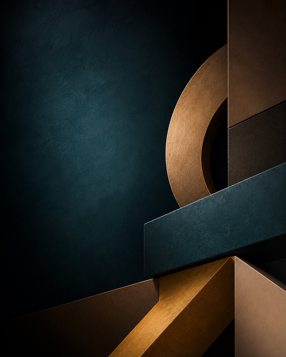 Abstract architecture with geometric shapes in dark teal, brown, and gold tones.