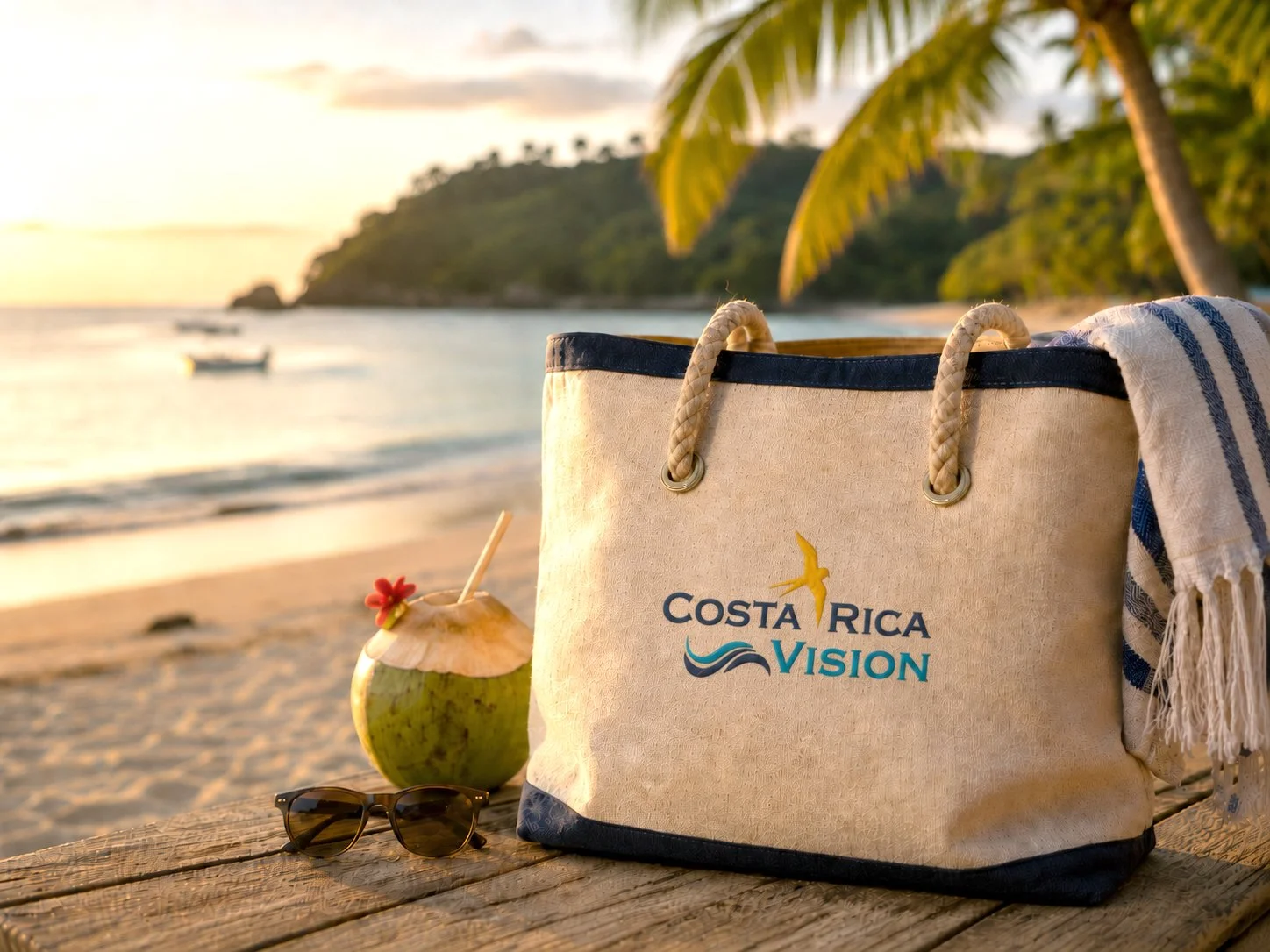 Beach scene with a tote bag branded 'Costa Rica Vision', a coconut drink with a straw and flower, and sunglasses on a wooden surface, with the ocean, trees, and boats in the background during sunset.