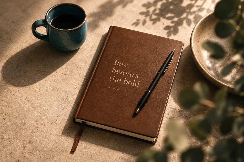 A brown leather-bound notebook with the phrase "fate favours the bold" in gold lettering on the cover, a black pen resting on it, a blue coffee mug filled with coffee, and a ceramic bowl with a plant on a beige surface.