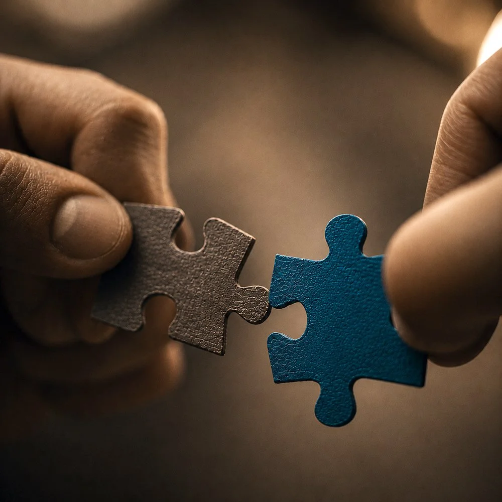 Two hands holding puzzle pieces, fitting them together, one black and one blue, against a dark background.