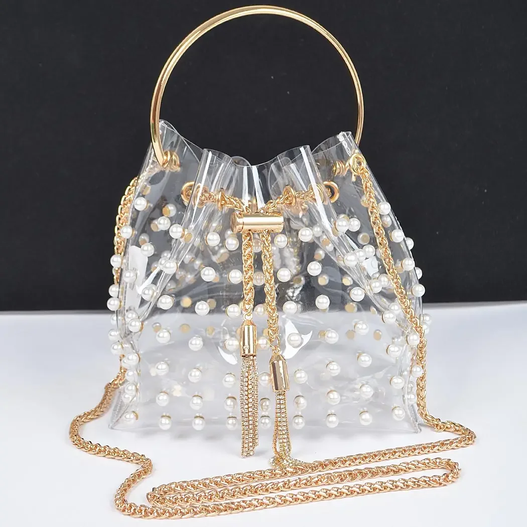 Clear Pearl Stud Bucket Bag W/ Chain Tassle