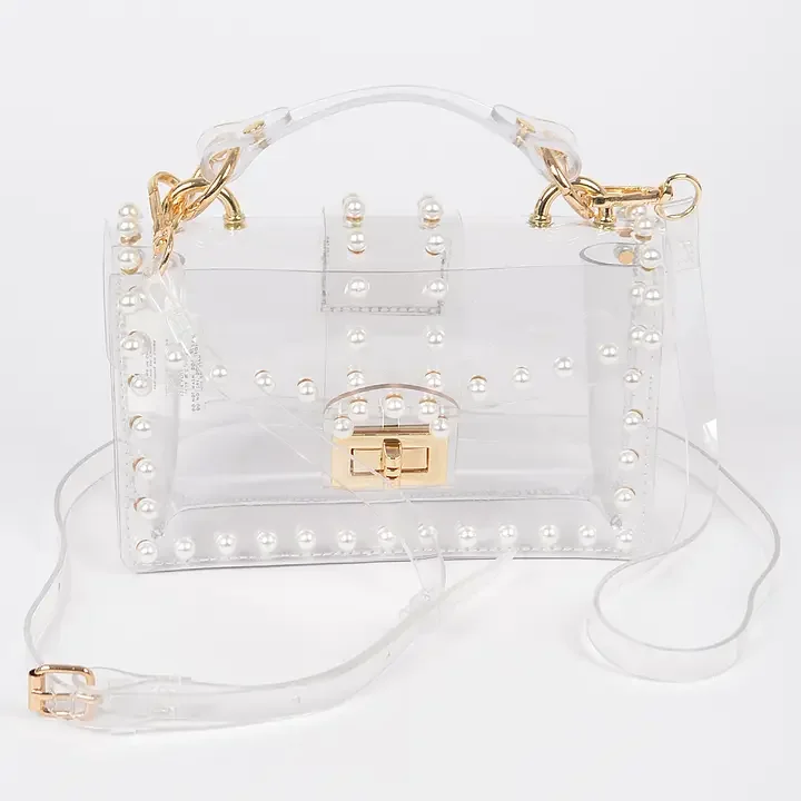 Transparent Single Handle Clutch W/Faux Pearl