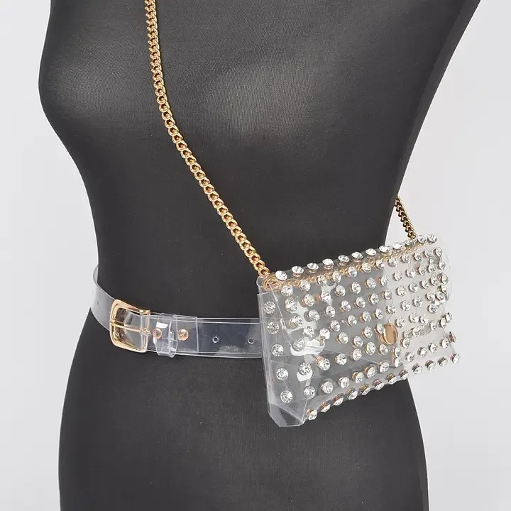Rhinestone Clear Belt Bag W/Chain