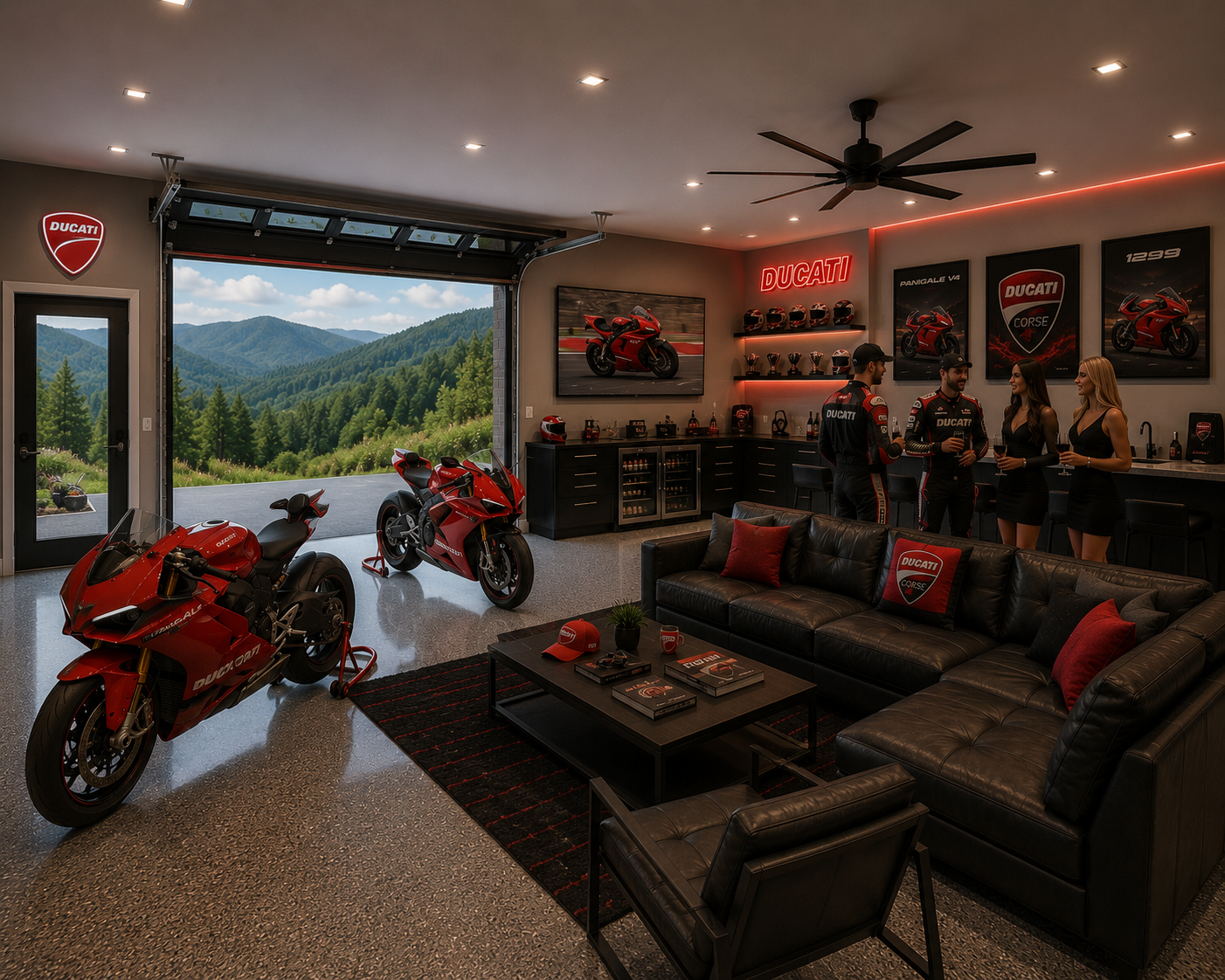 Inside a Ducati motorcycle showroom with two red Ducati motorcycles on display, a mural of a Ducati bike on the wall, and a group of three people in racing suits talking to two women in black dresses, with a view of green mountains outside through an open garage door.