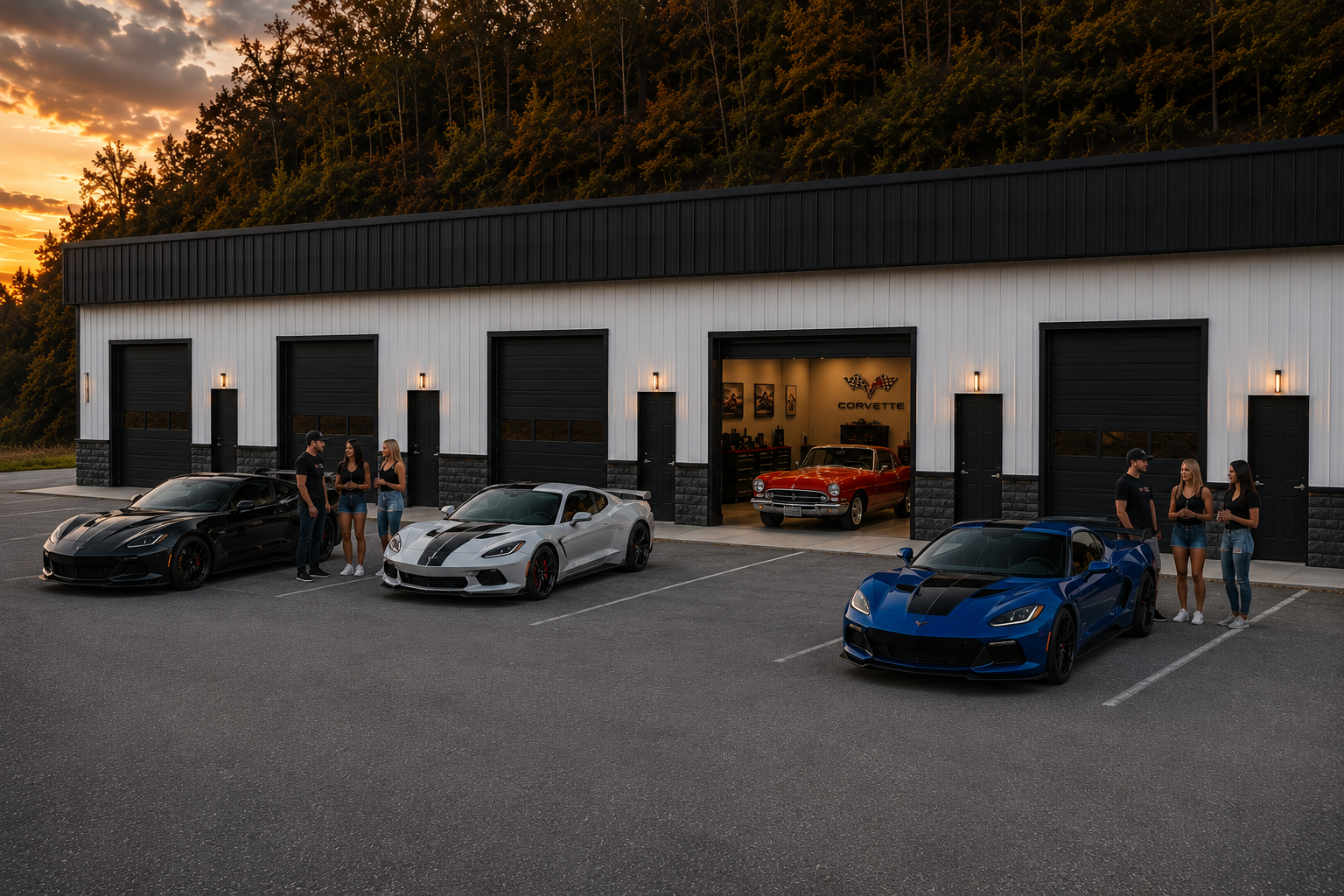 Group of people standing near luxury sports cars parked outside a garage with a Corvette logo, during sunset.