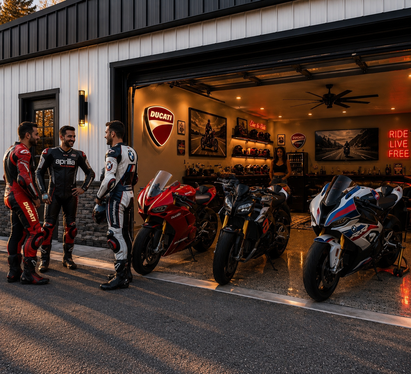 Three motorcycle riders in racing suits standing outside a motorcycle shop, with three high-performance sport bikes displayed in front.