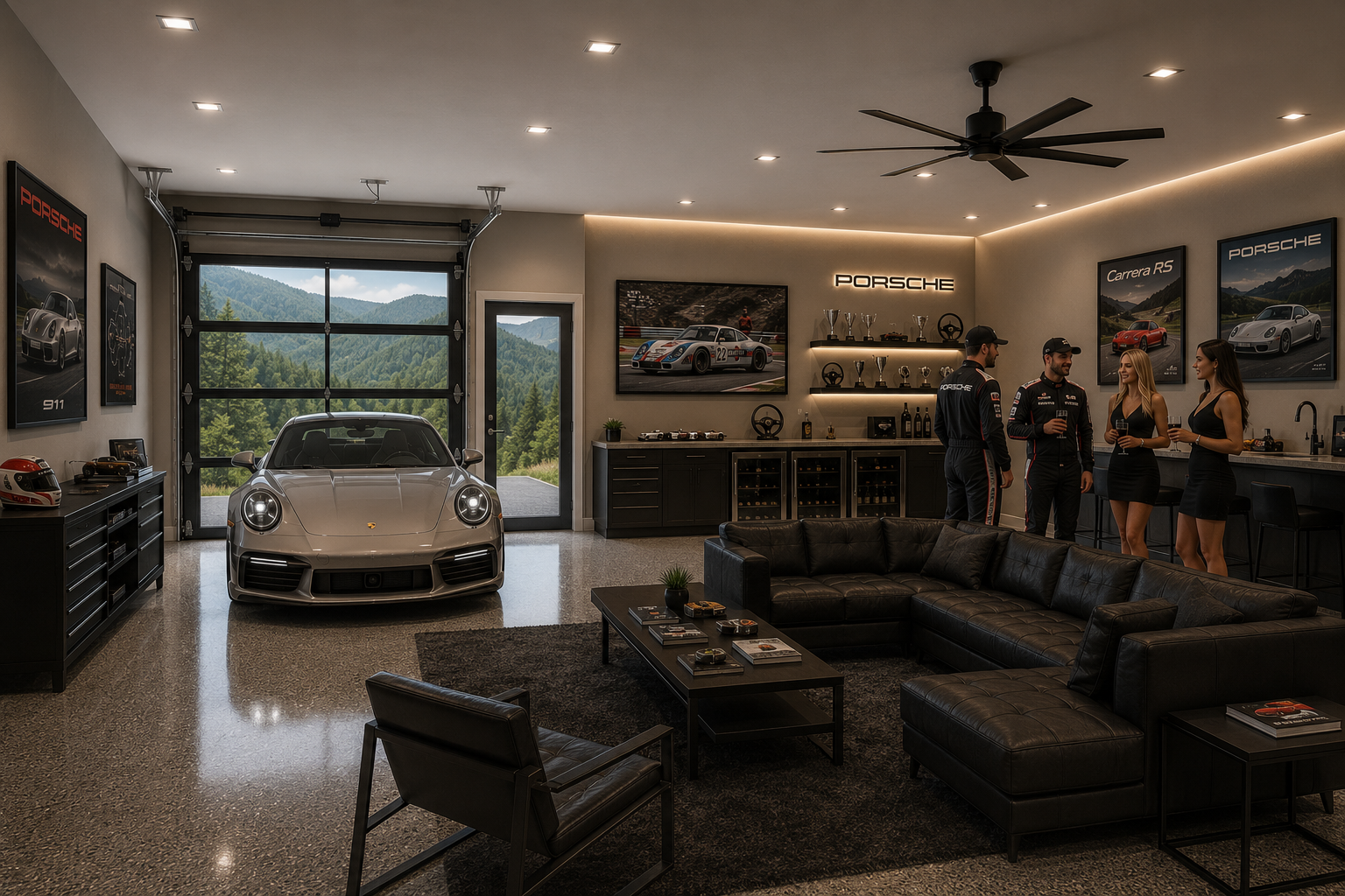 A modern garage with a silver Porsche sports car, black leather seating, and a bar area with four drinks and framed car posters.