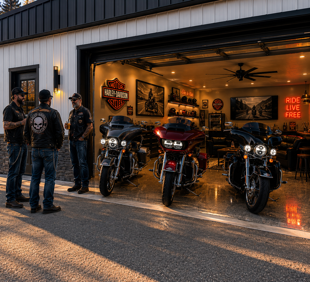 Three motorcyclists in black leather jackets having a conversation outside a Harley-Davidson motorcycle shop with three parked motorcycles inside. The shop features Harley-Davidson signs, pictures, and neon lights.