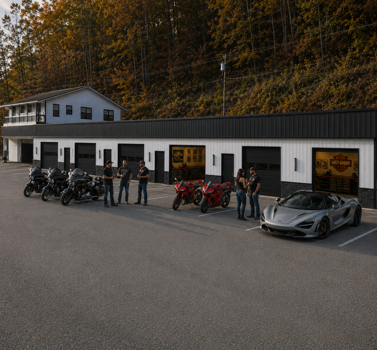 A group of people gathered outside a motorcycle and sports car dealership, with motorcycles parked in front and a silver sports car parked to the right. The dealership has garage doors with the Harley-Davidson logo visible inside, and a building with a white exterior and black accents behind it. The background features trees with autumn leaves.