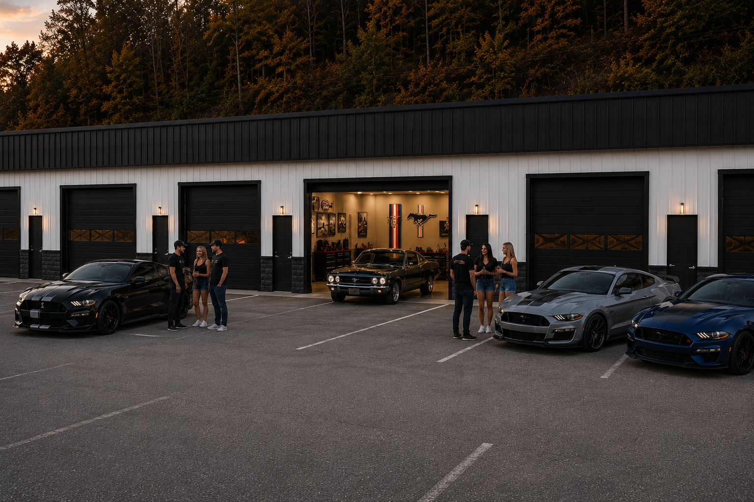 Three black sports cars parked in front of a garage, with groups of people standing nearby, talking, outside in a parking lot, with a building displaying a classic car and automotive-themed decorations in the background during dusk.