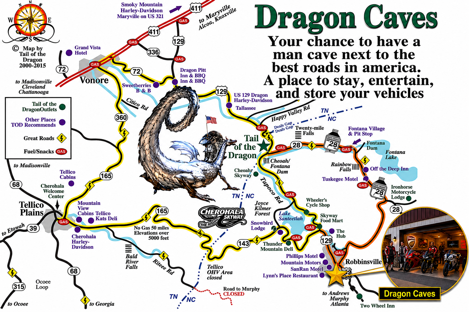 Map of Dragon Caves with nearby roads, landmarks, and attractions, including a central illustration of a dragon, a photo of motorcycles parked inside, and various colored icons indicating gas stations, cabins, and other destinations.