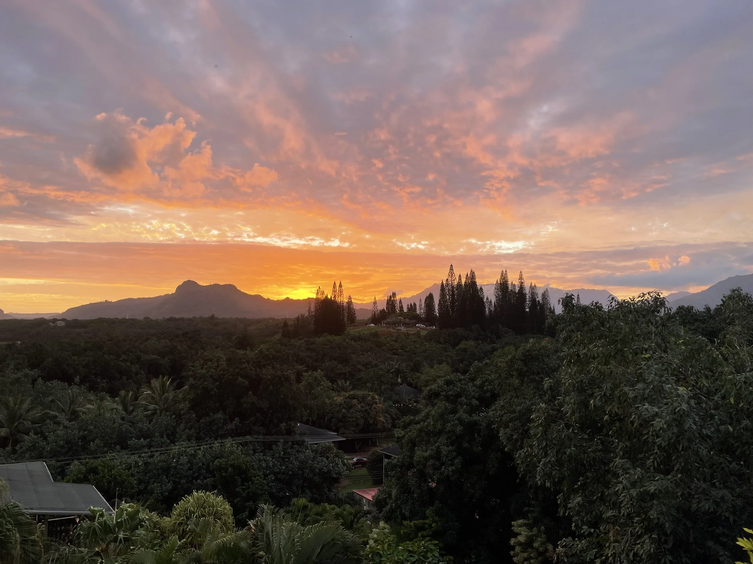 A scenic sunset over mountains with a colorful sky filled with orange, pink, and purple clouds, and lush green trees and houses in the foreground.