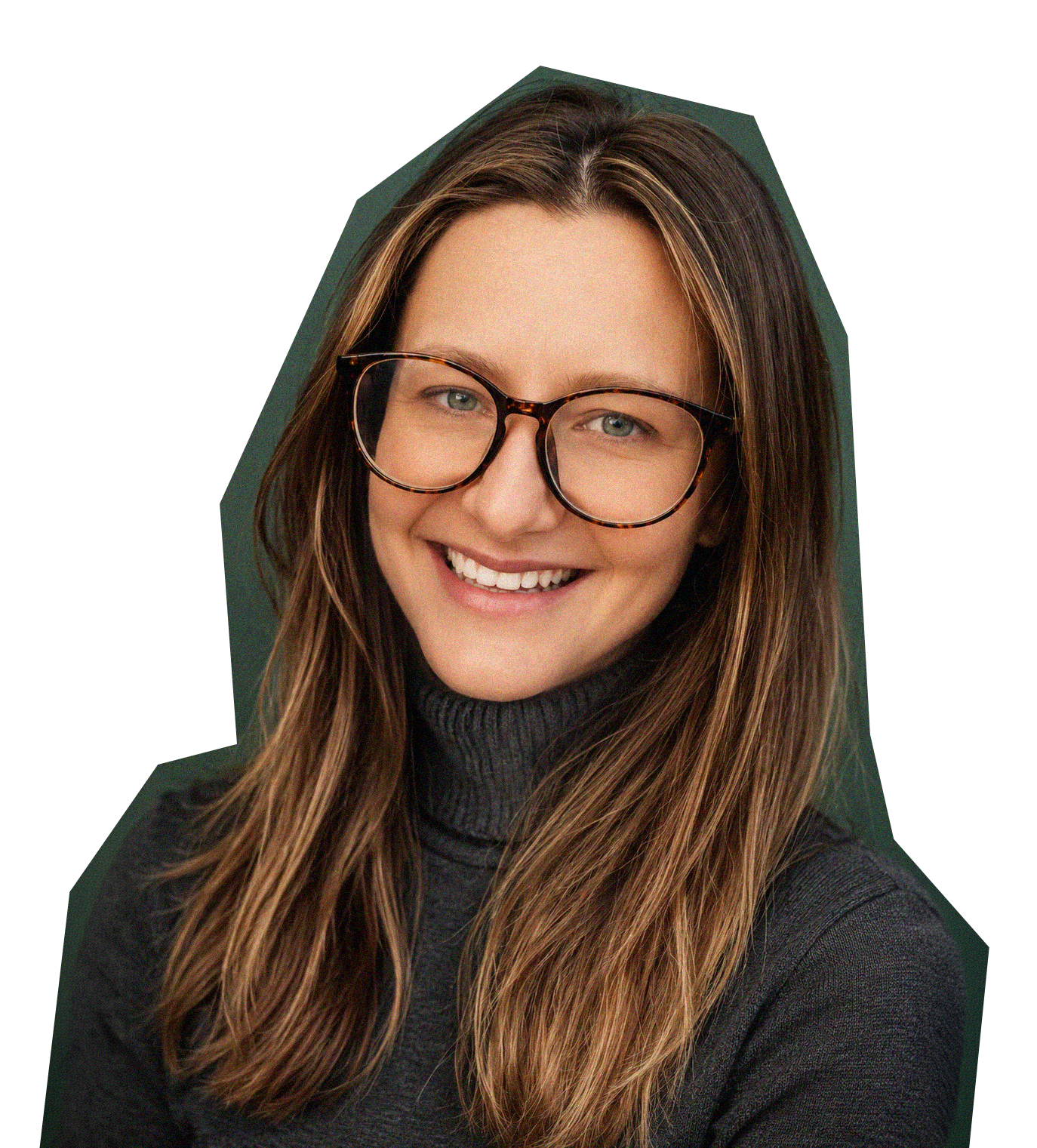 A smiling woman with long brown hair, wearing black glasses and a dark turtleneck sweater.
