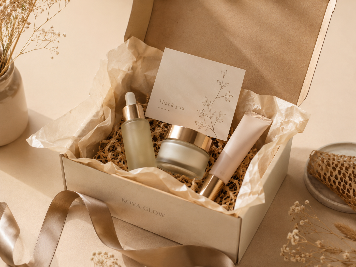 A gift box labeled KOVA GLOW contains skincare products including a dropper serum, moisturizer, and cream, with a Thank You card inside, surrounded by neutral-toned decorations and dried flowers.