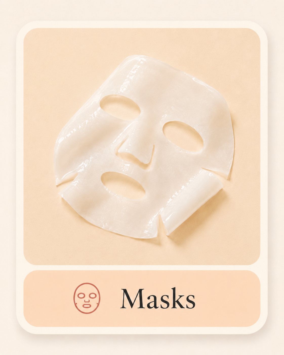 A white sheet mask for skincare placed on a light pink background with the word 'Masks' and an icon of a face with a mask on it.