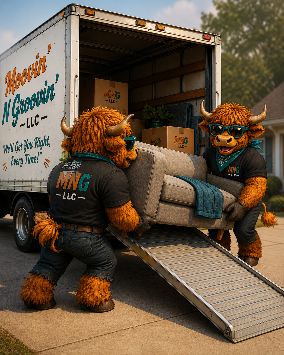 Two people dressed in bison costumes unloading furniture from a moving truck labeled 'Movin' N Groovin' LLC, with a quote 'We'll Get You Right, Every Time!'. They are carrying a couch and a lamp, and the truck is parked in a residential neighborhood.