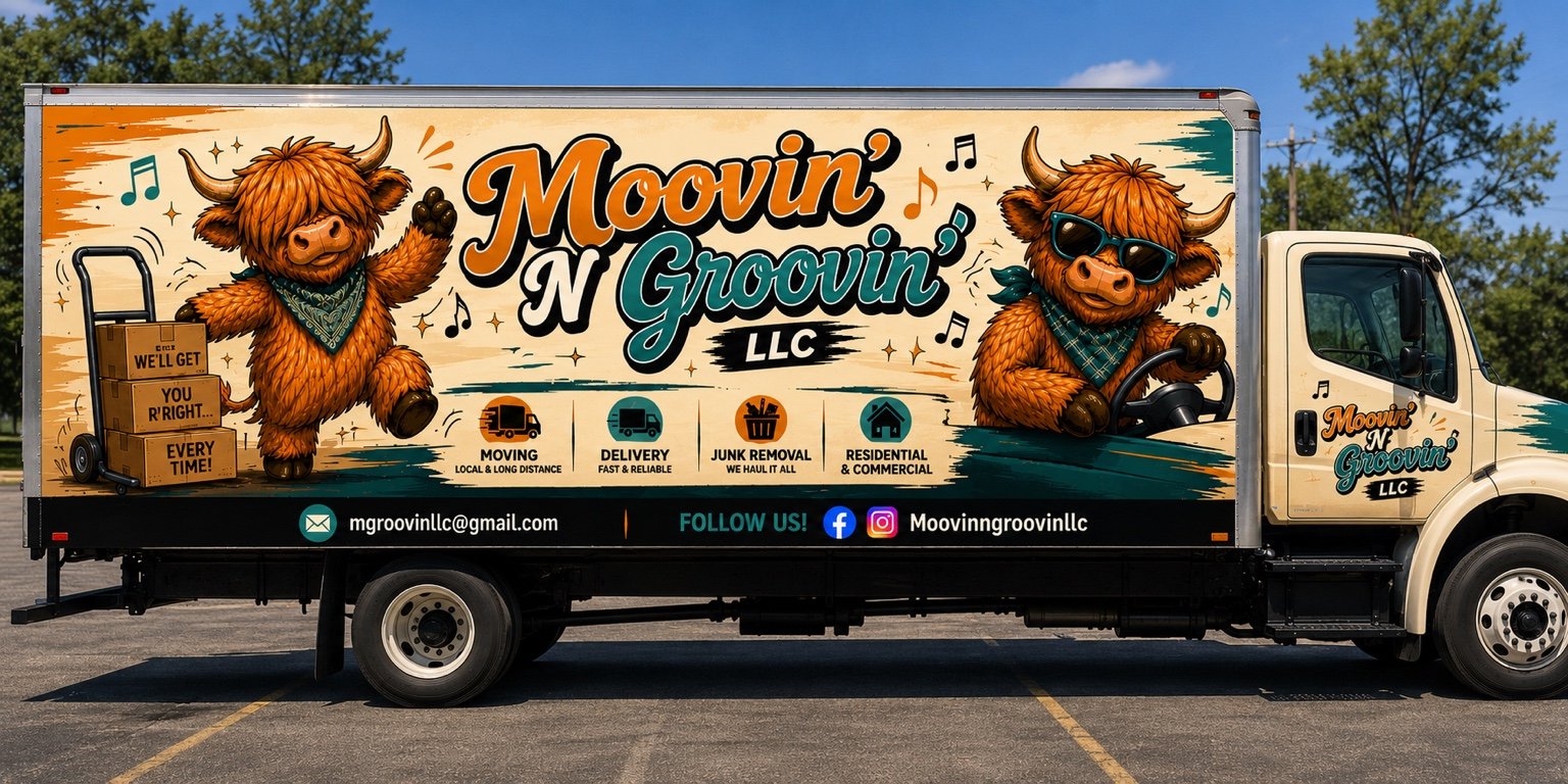 Delivery truck with a colorful advertisement for Moovin' N Groovin'. The advertisement features two cartoon highland cows, one wearing sunglasses, both dancing with musical notes around them. The truck promotes moving, delivery, junk removal, and residential & commercial services, includes contact email, and social media handles.