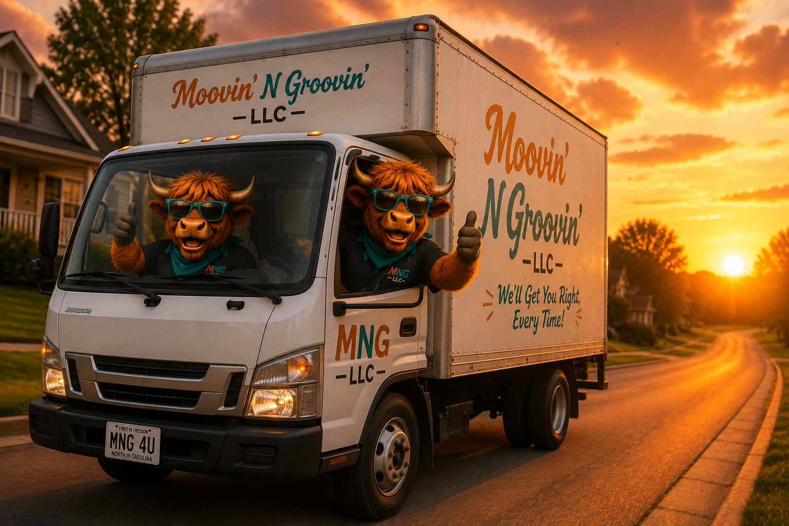 A moving truck with animated bull mascots wearing sunglasses and giving thumbs-up, driving along a suburban street at sunset. The truck has the company name 'Moovin' N Groovin' LLC and slogan 'We'll Get You Right, Every Time!'