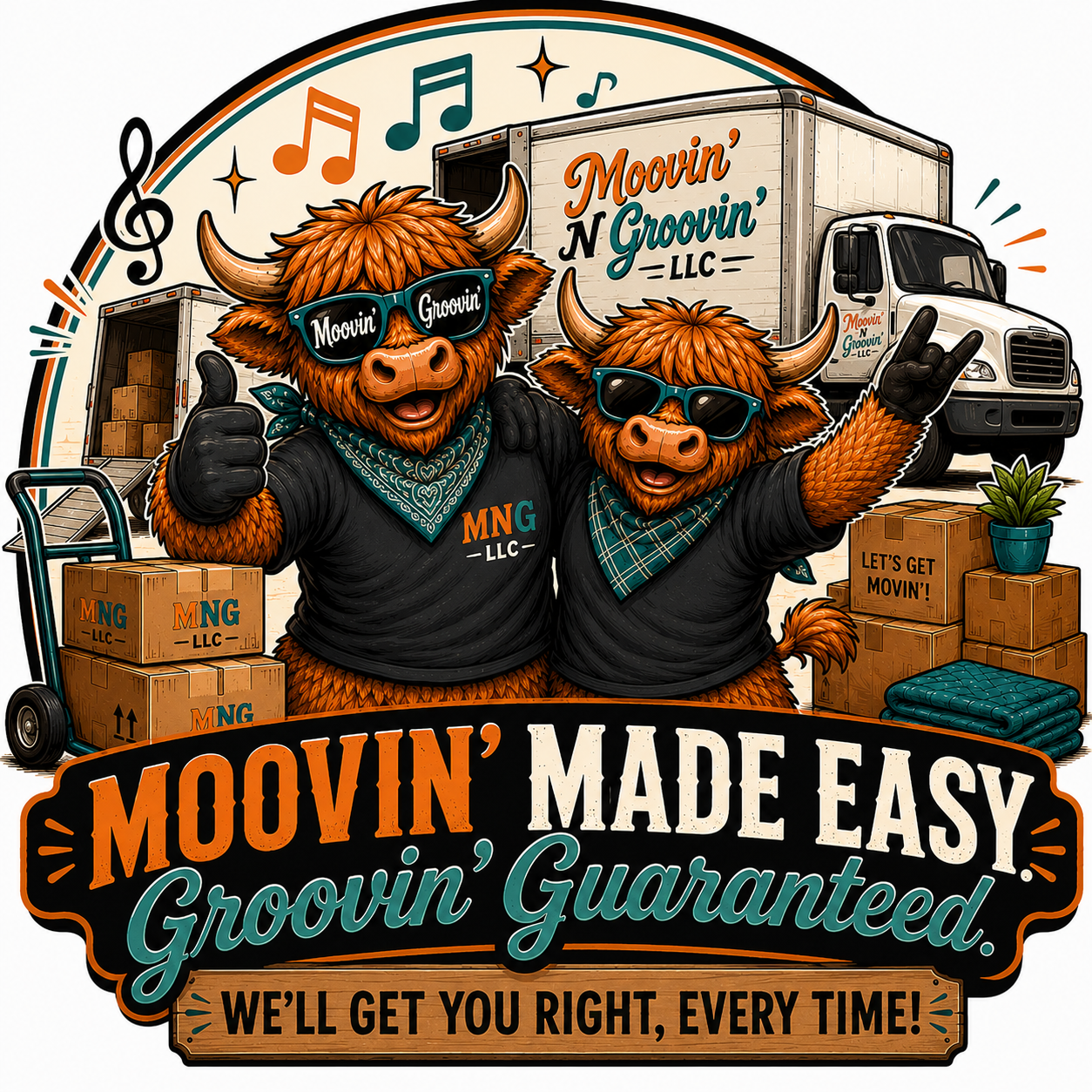 Two cartoon highland cattle characters wearing sunglasses and bandanas, standing in front of a moving truck, surrounded by boxes and a hand truck. Text on the image reads 'Moovin' Made Easy, Groovin' Guaranteed, We'll Get You Right, Every Time!' with musical notes and a paint splash background.