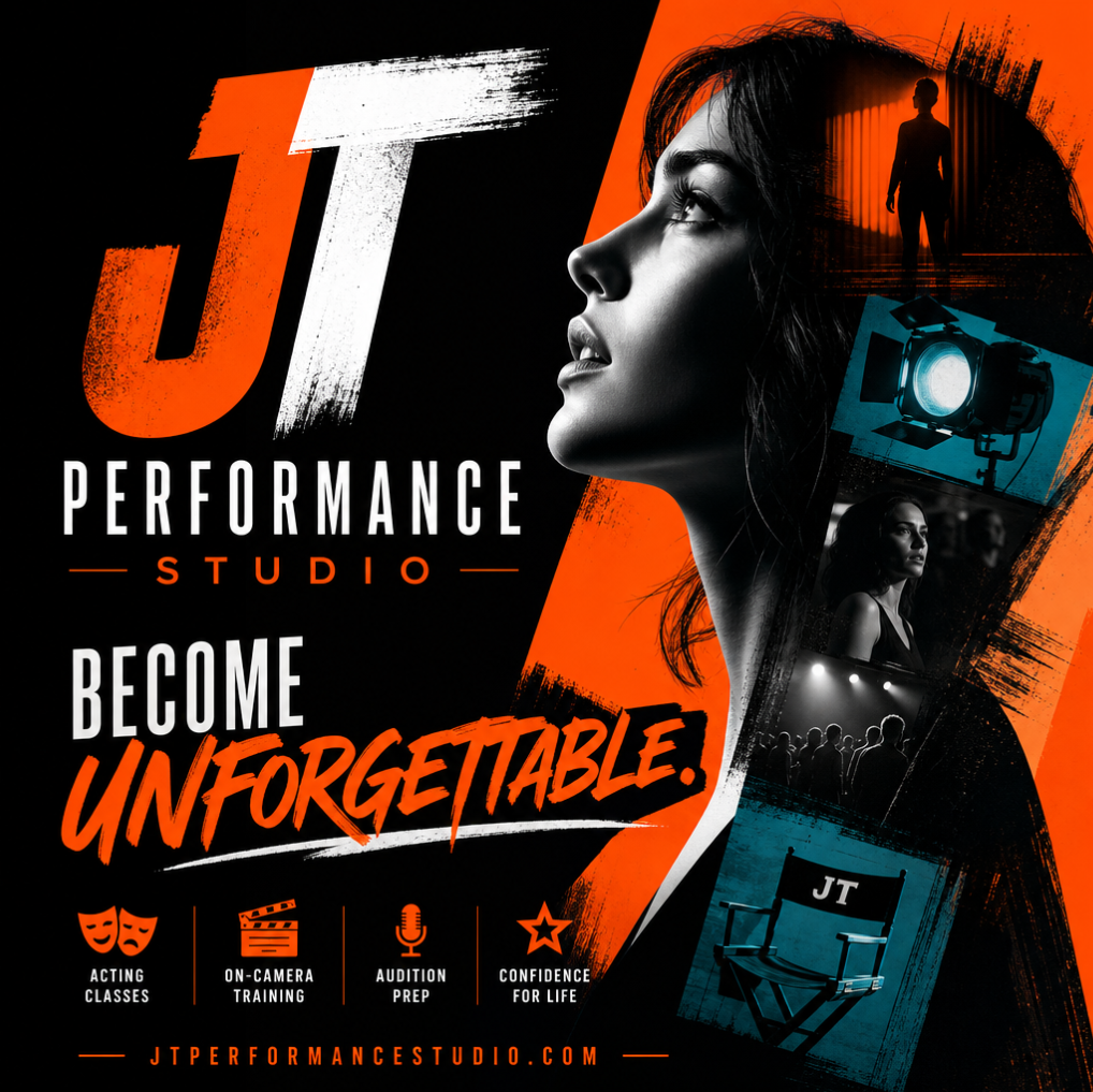 Promotional poster for J Performance Studio featuring a woman's profile, action and theater imagery, and text with studio services to become unforgettable.