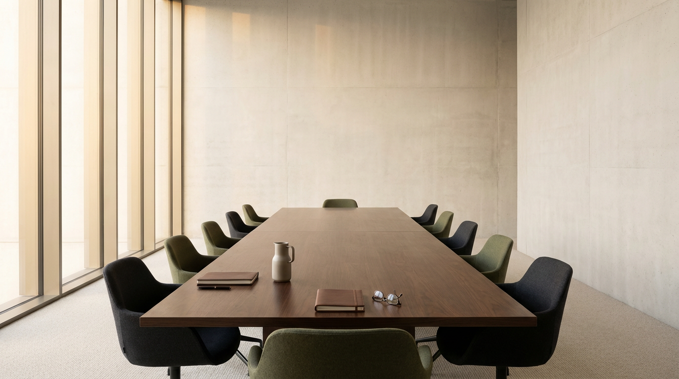 Empty conference room with a long wooden table, black and green chairs, and large windows.