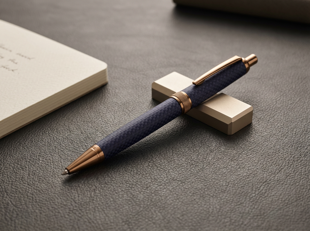 A blue textured pen with gold accents resting on a black textured surface, with a gray rectangular block beneath it, a white notebook with handwritten notes nearby, and a gray closed laptop in the background.