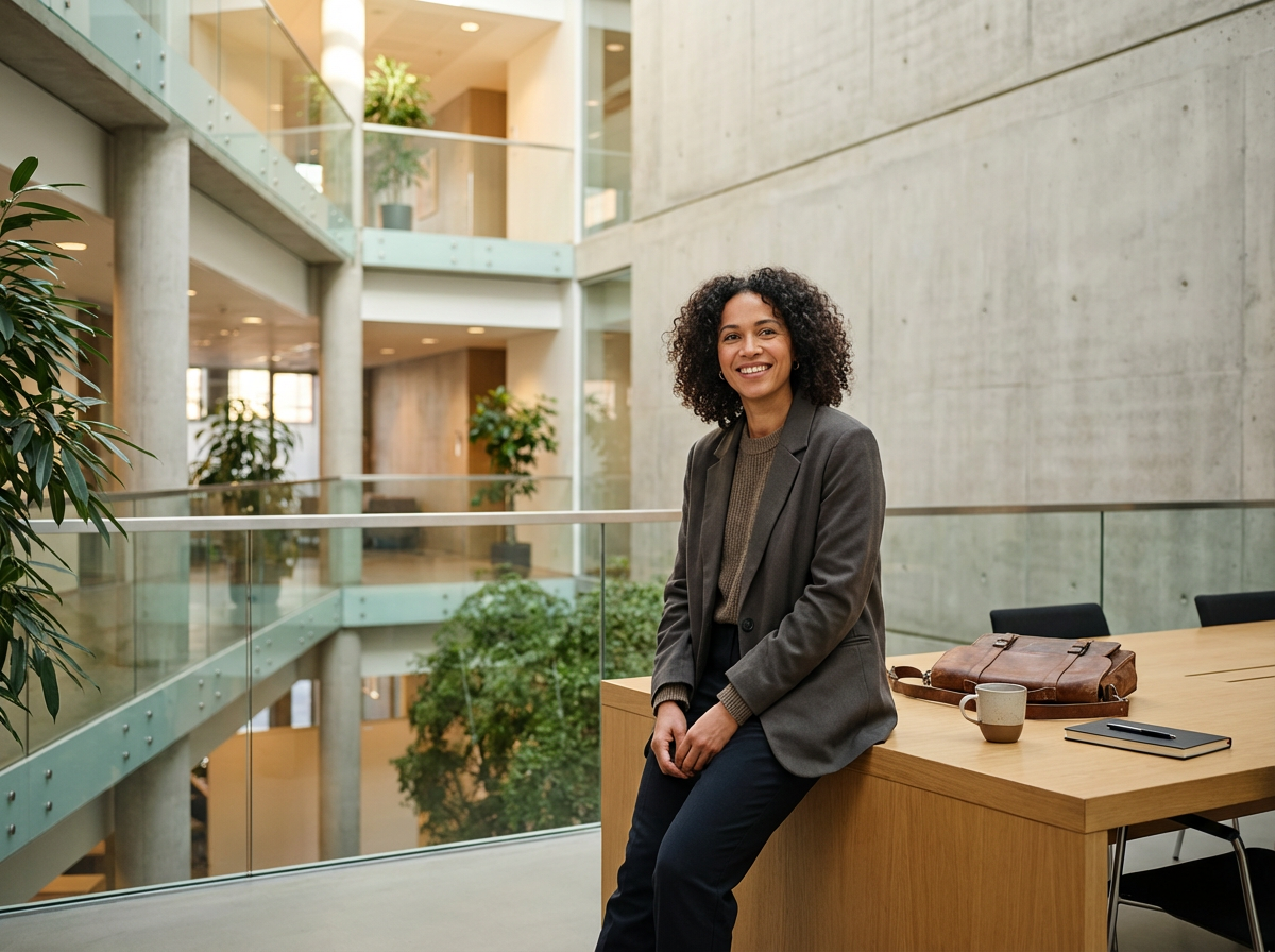 A woman in business attire sitting on a wooden table in a modern office building with large plants and glass railings, smiling at the camera.