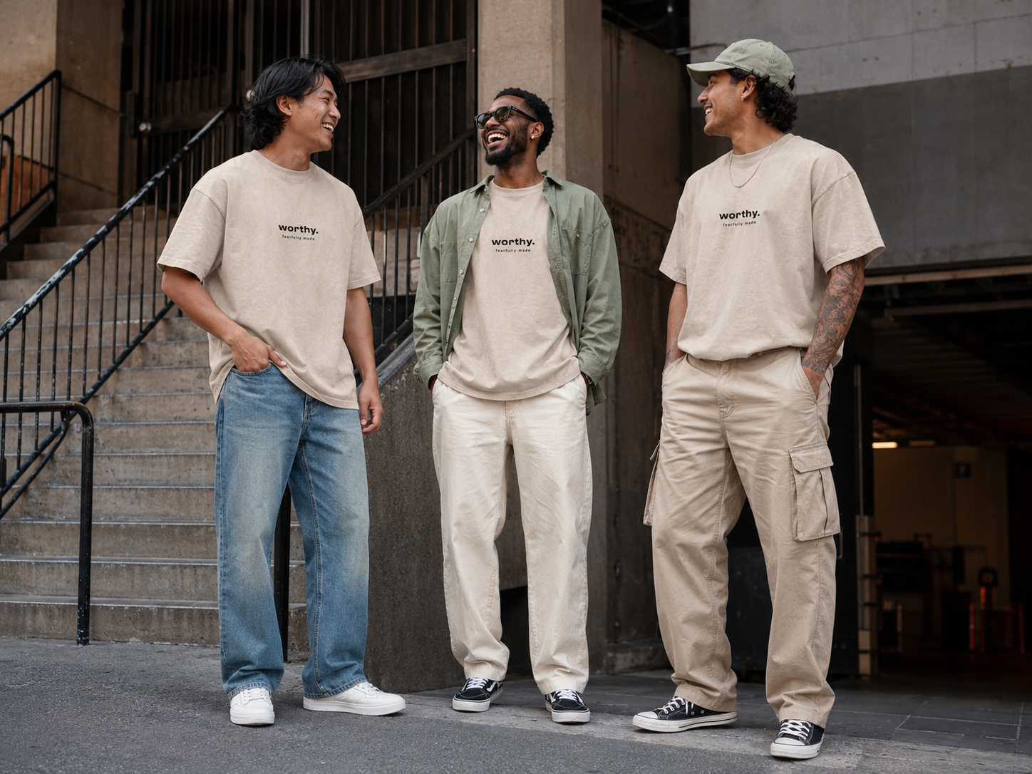 Three men standing outdoors on the street, talking and laughing. They are wearing casual beige t-shirts with the word "worthy" printed on them, and jeans or cargo pants. One man has a green jacket and sunglasses, another has a baseball cap, and the t
