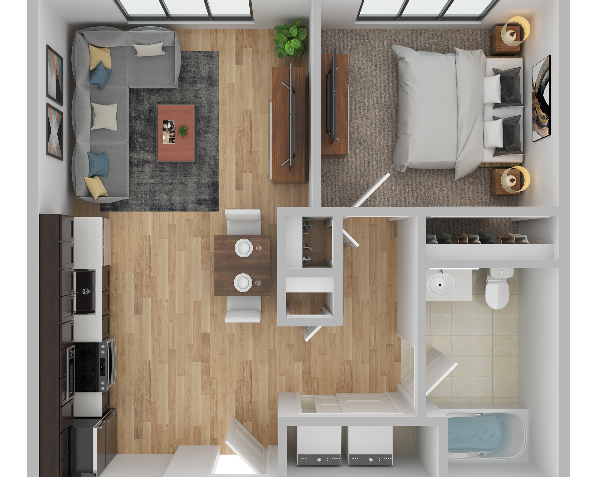 A top-down view of a living room, bedroom, kitchen, and bathroom with various furniture and appliances.