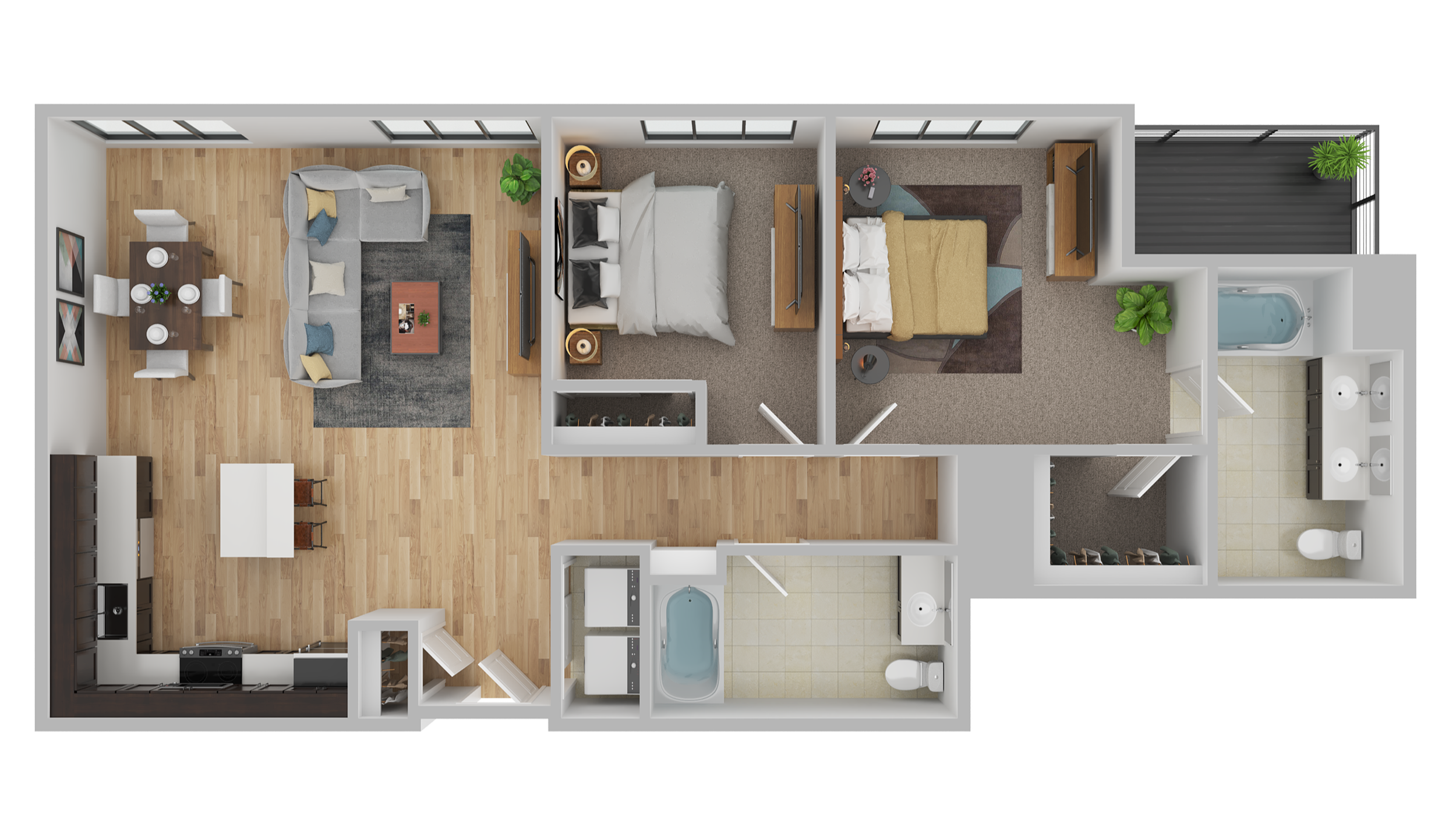 Top-down view of a modern apartment with a living room, dining area, kitchen, two bedrooms, bathroom, and balcony with plants.