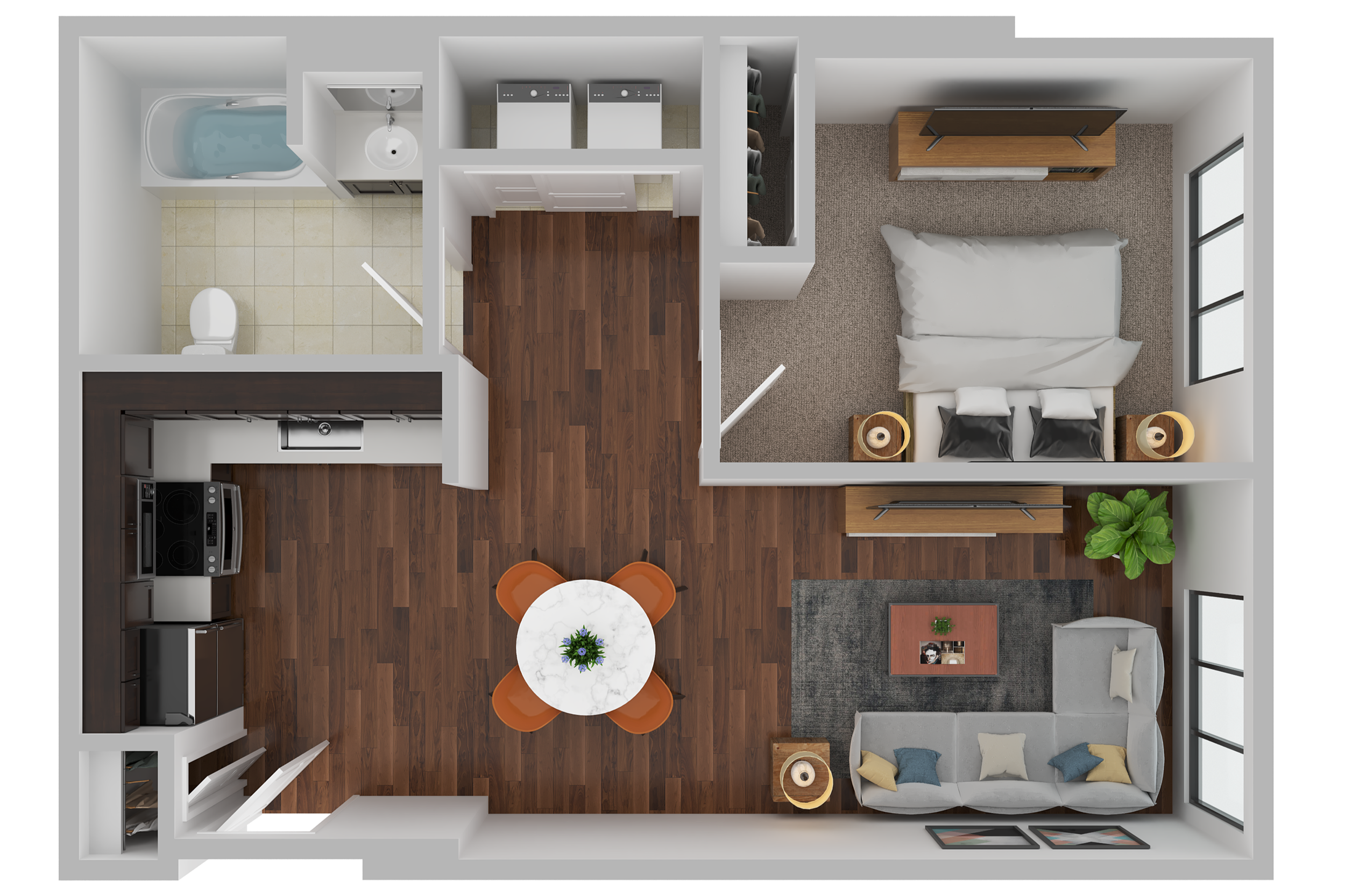 Top-down view of a small apartment with a bathroom, laundry area, kitchen, dining area, living room, and bedroom, featuring modern furniture, hardwood flooring, and large windows.
