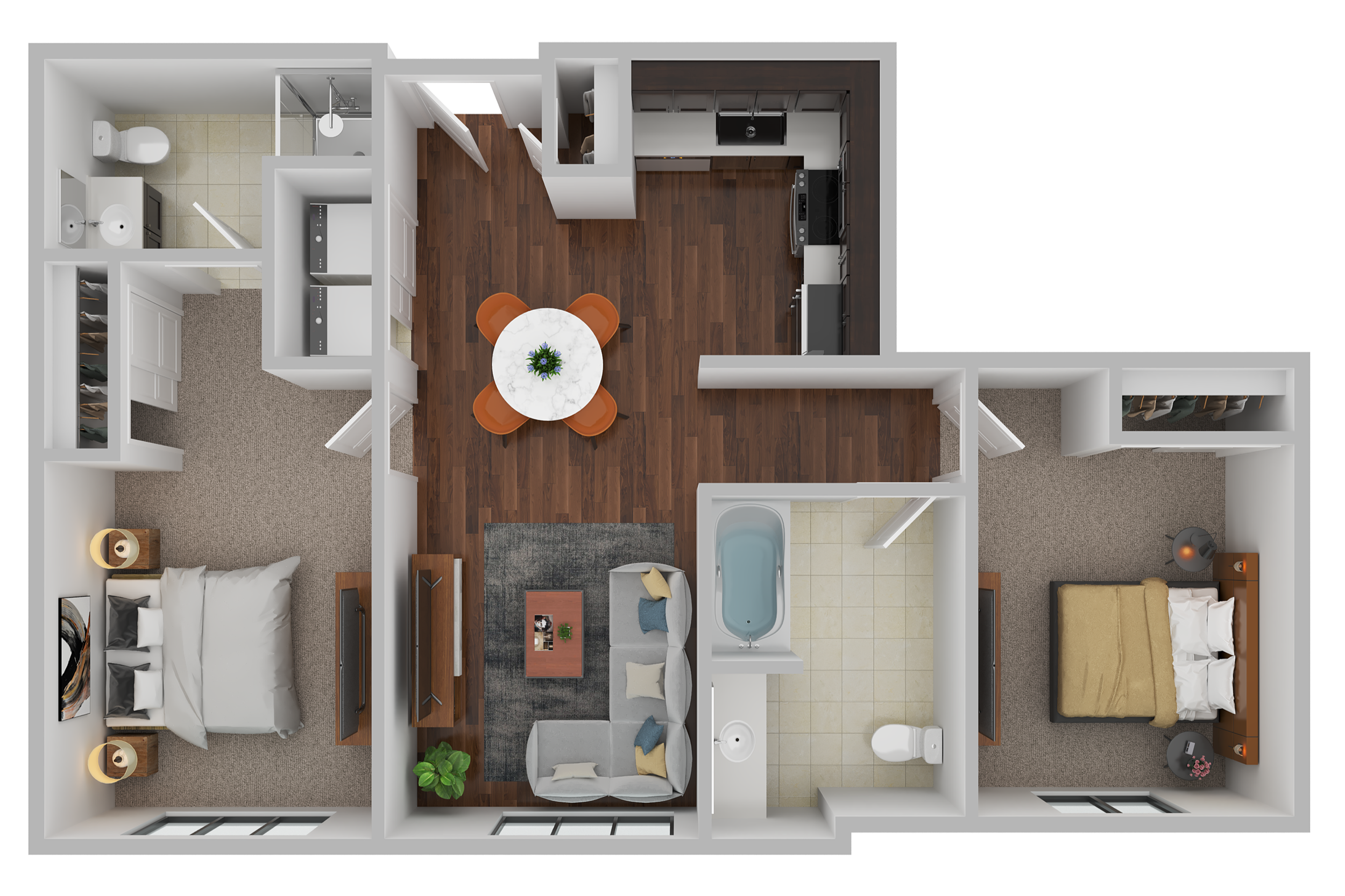 Floor plan of a two-bedroom apartment showing the layout of bedrooms, bathrooms, living area, kitchen, and closets.