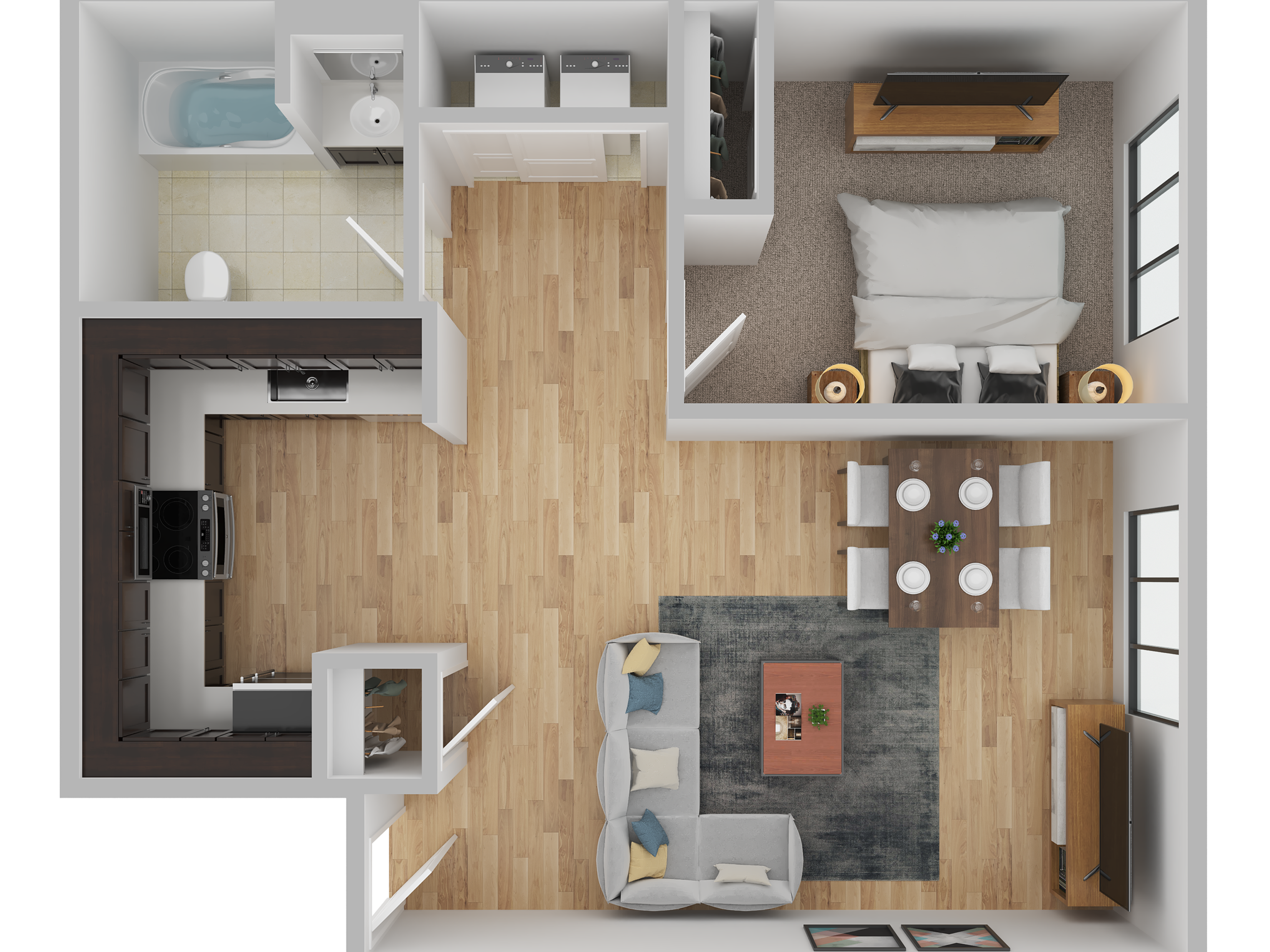 Top-down view of a one-bedroom apartment layout with a living room, dining area, kitchen, bedroom, bathroom, and closet space.