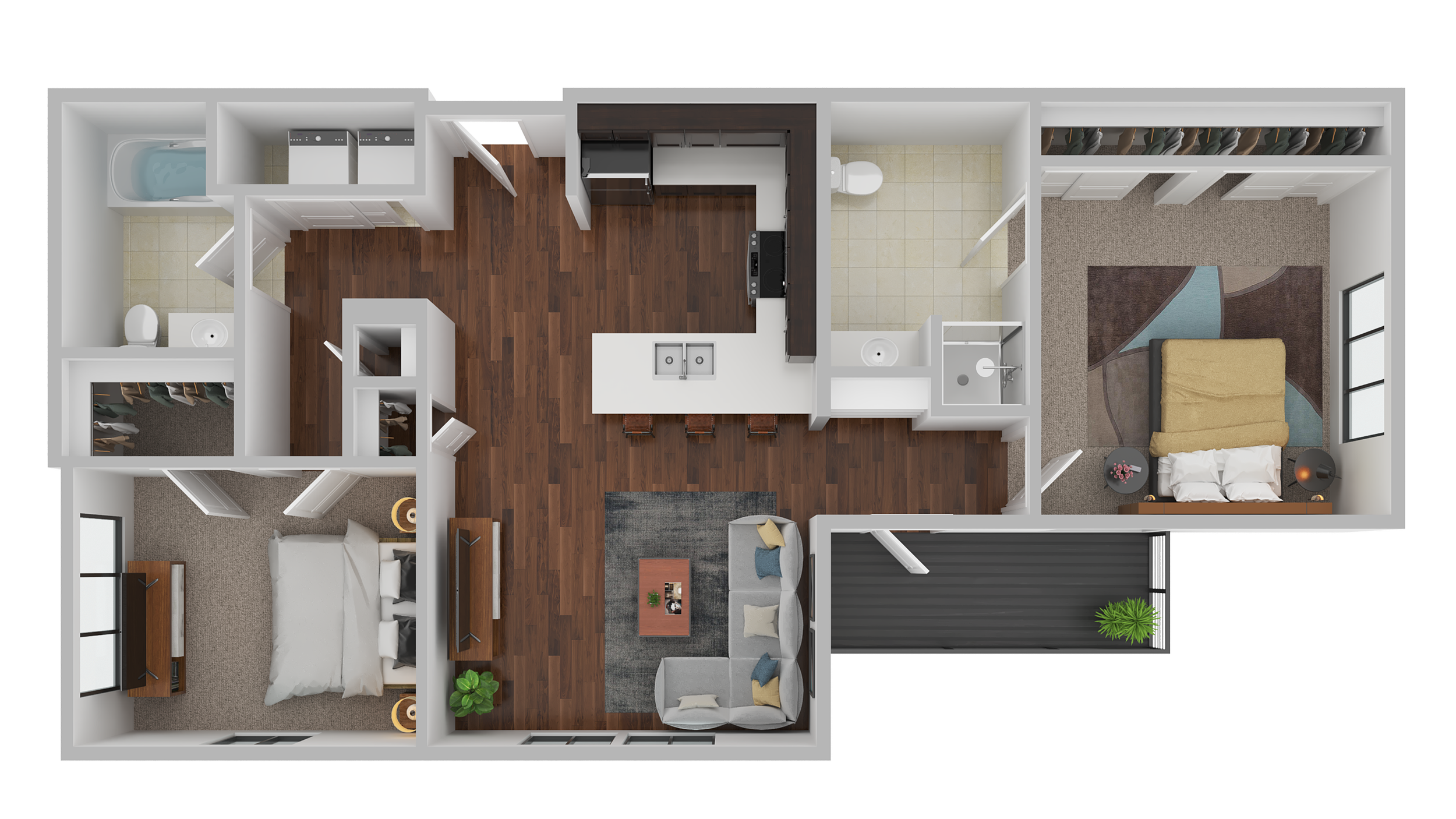 Top-down view of a modern apartment layout including a living room, kitchen with an island, bedroom, bathroom, walk-in closet, and balcony.