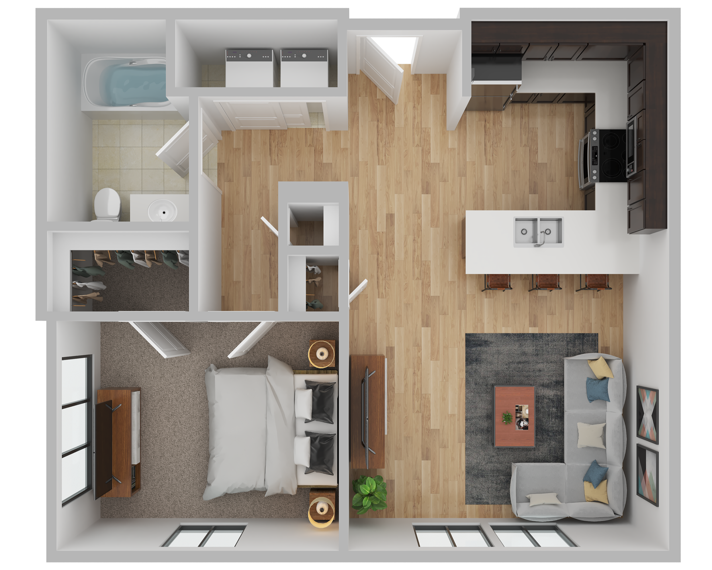 Top-down view of a one-bedroom apartment layout with a living room, kitchen, bedroom, bathroom, laundry area, and closet space.