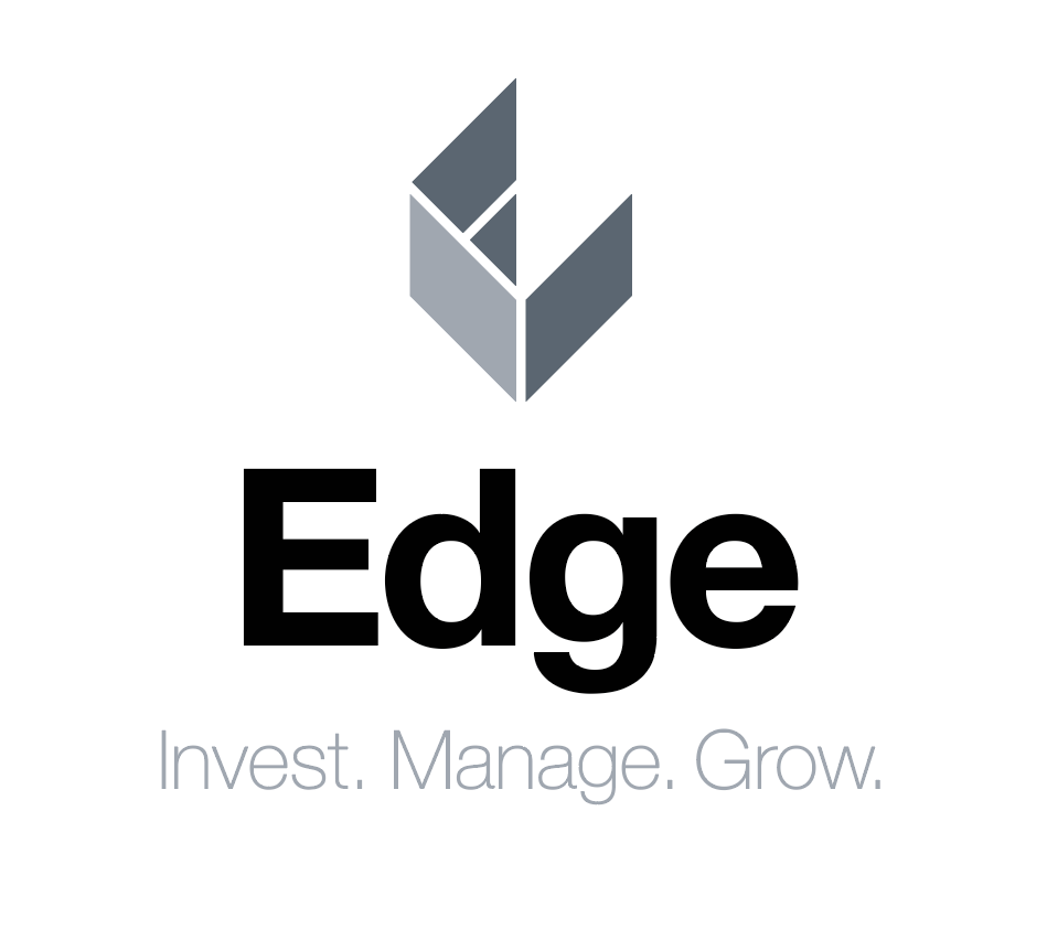 Logo with geometric abstract symbol above the word Edg, and the tagline 'Invest. Manage. Grow.' below.