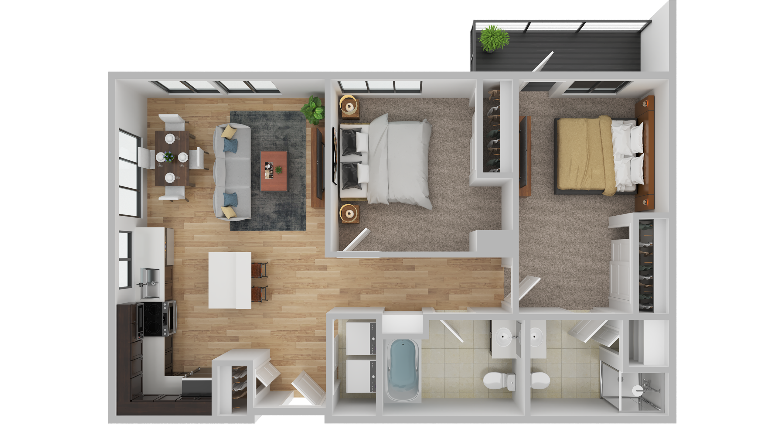 Floor plan of a modern apartment with two bedrooms, a living room, kitchen, bathroom, and a balcony.
