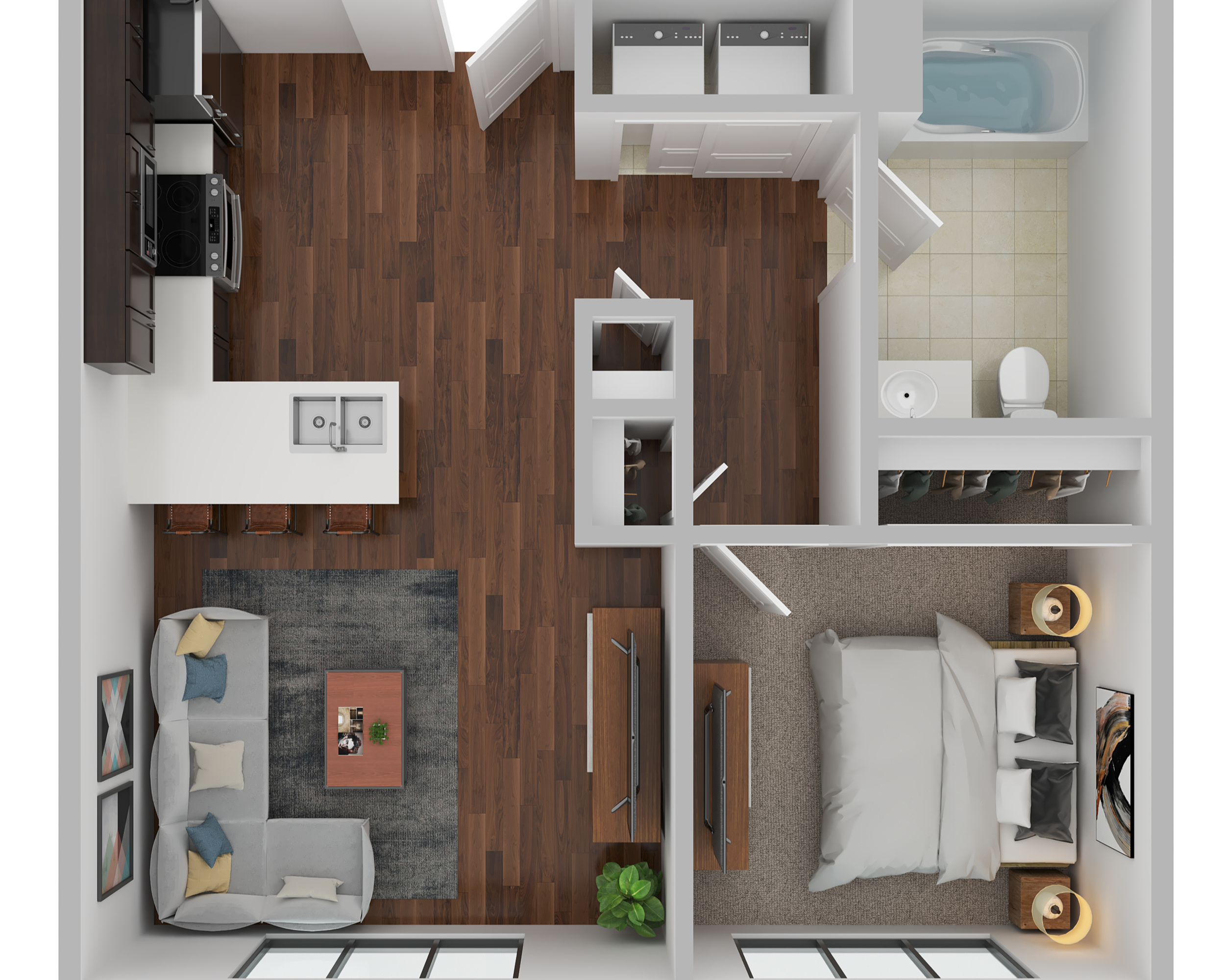 Top-down view of a small apartment with a living room, kitchen, laundry area, and bathroom. The living room has a white sofa with cushions and a gray rug. The kitchen features dark cabinets, a white countertop, and a dining area with several chairs. The laundry area contains a washer and dryer. The bathroom has a toilet, sink, and a small bathtub with beige tiles and a semi-transparent shower curtain.